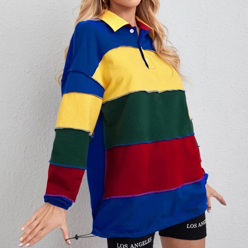 Multicolor Long sleeve Button Up Polo Top- New